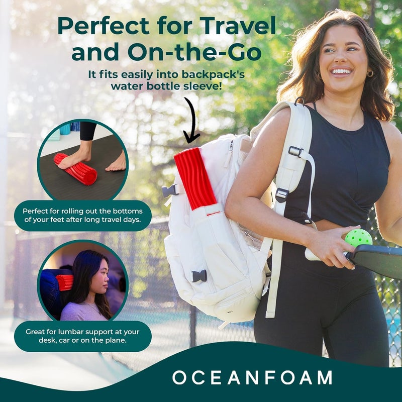 Oceanfoam Ripple Travel Foam Roller (11" x 3.35") Firm Mini Foam Roller for Physical Therapy, Deep Tissue Massage, Back Pain - High Density, Ergonomic Wave Textured - Yoga, Pilates, Exercise (Red) - Image 3